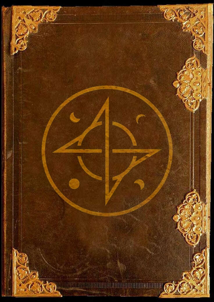 The cover of an old brown leather book with ATEEZ's symbol on it. Click it to proceed.